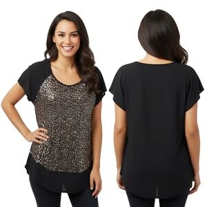 PerSeption Concept Top Pullover Size S Gold Sequin Front Shimmer Glam‎ Party